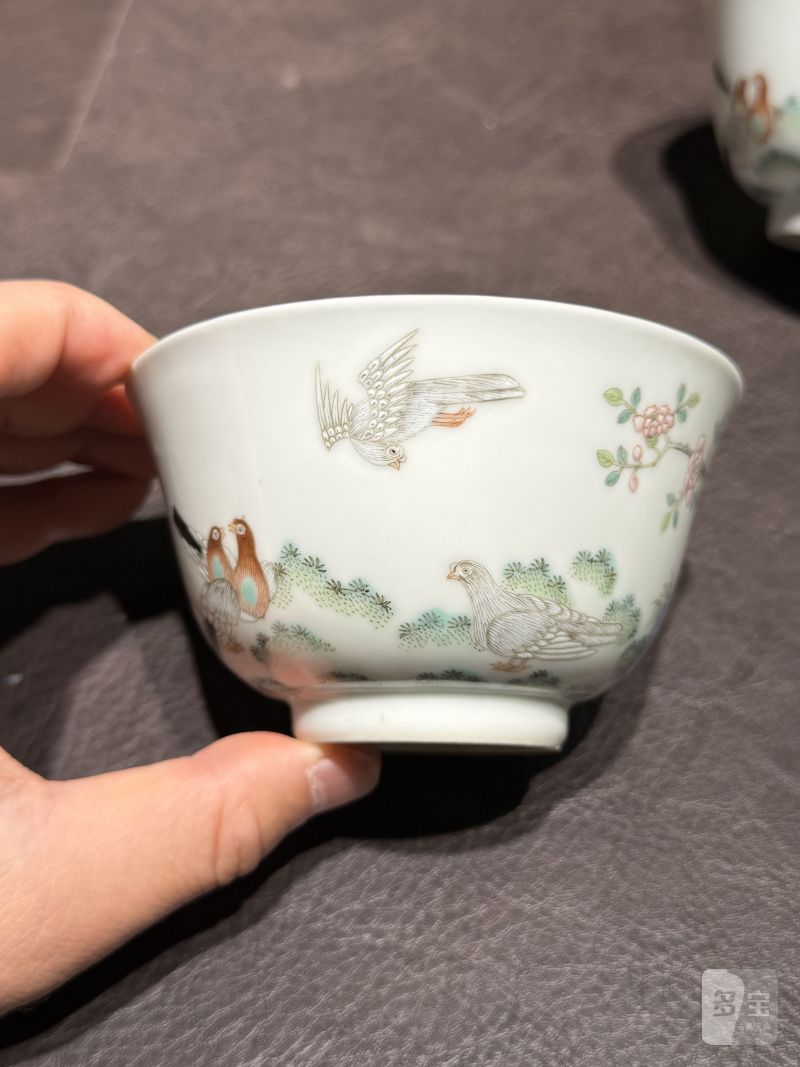 清道光 “宝善斋制”款粉鸟花鸟茶盅一对 - 图6